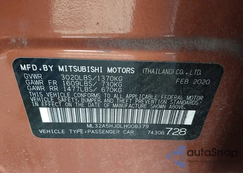 2020 Mitsubishi Mirage Le z USA, uszkodzony, nr VIN ML32A5HJ0LH008379